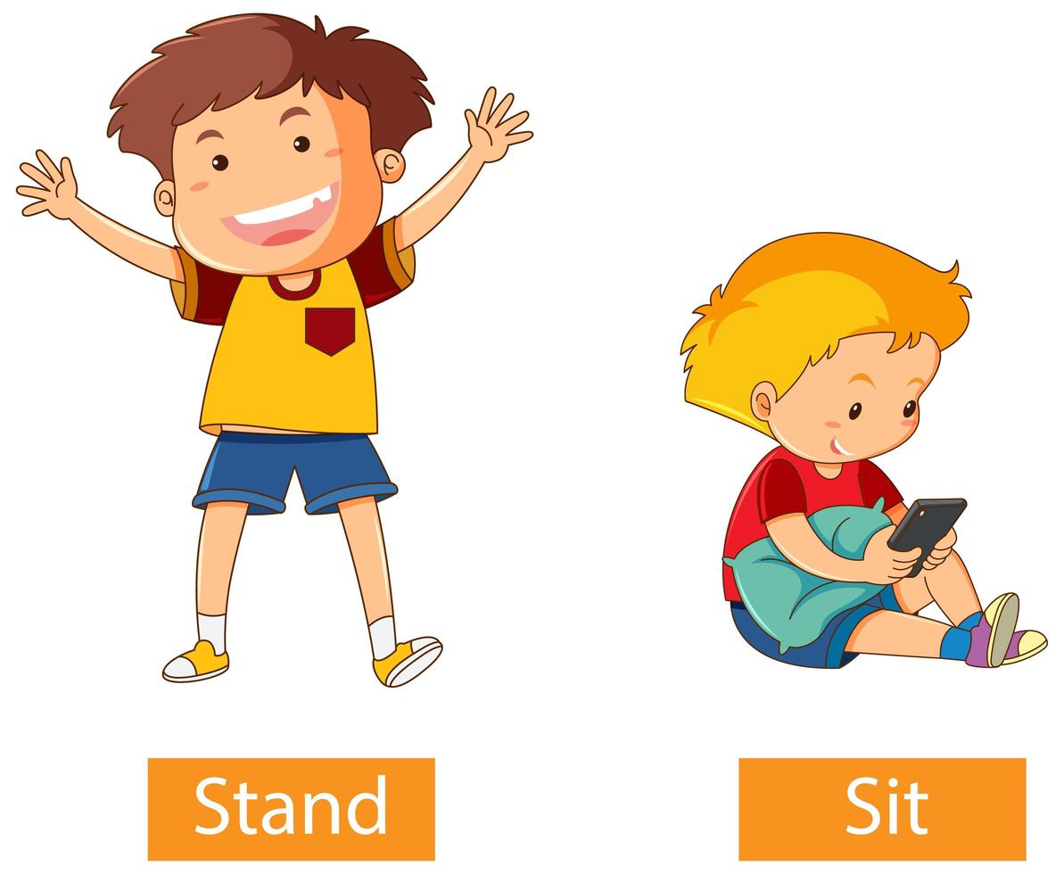 Opposite verb words with stand and sit vector