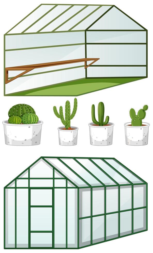 Close and open view of empty greenhouse with many plants in pots vector