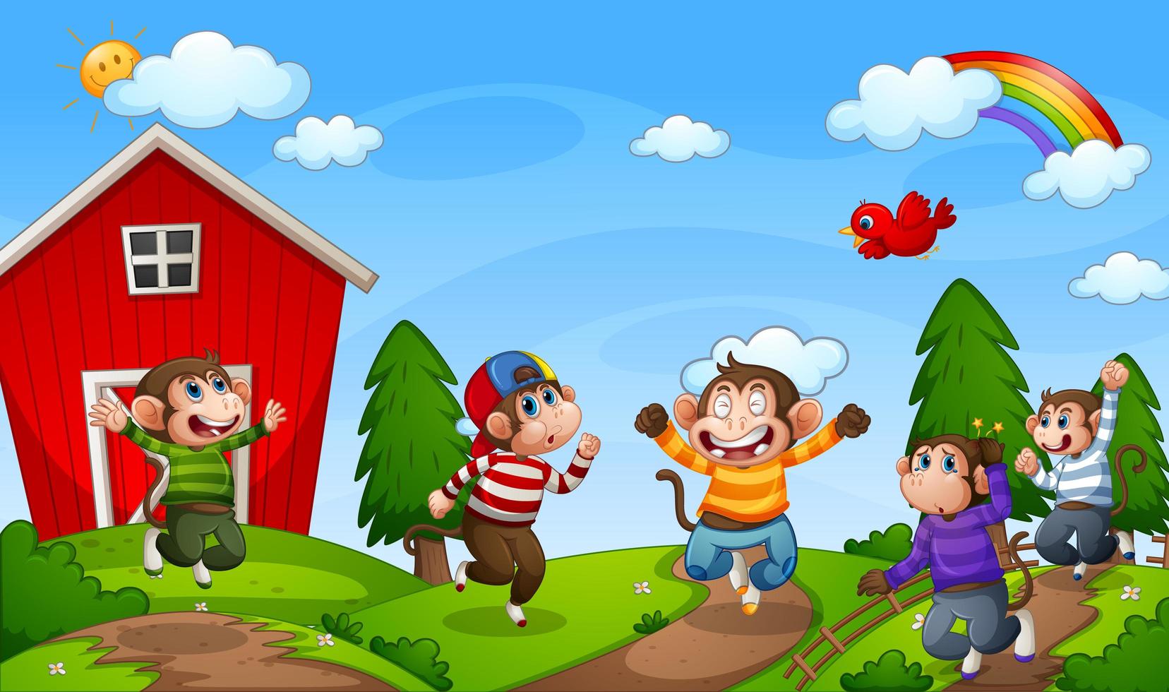 Five little monkeys jumping in the farm scene 1486570 Vector Art at Vecteezy Five little monkeys jumping in the farm scene 1486570 Vector Art at Vecteezy