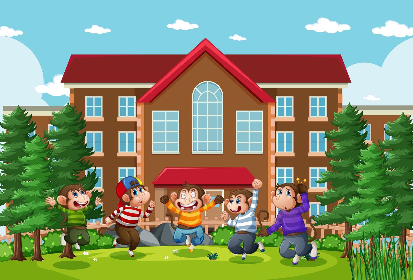 Five little monkeys jumping in the park school scene vector