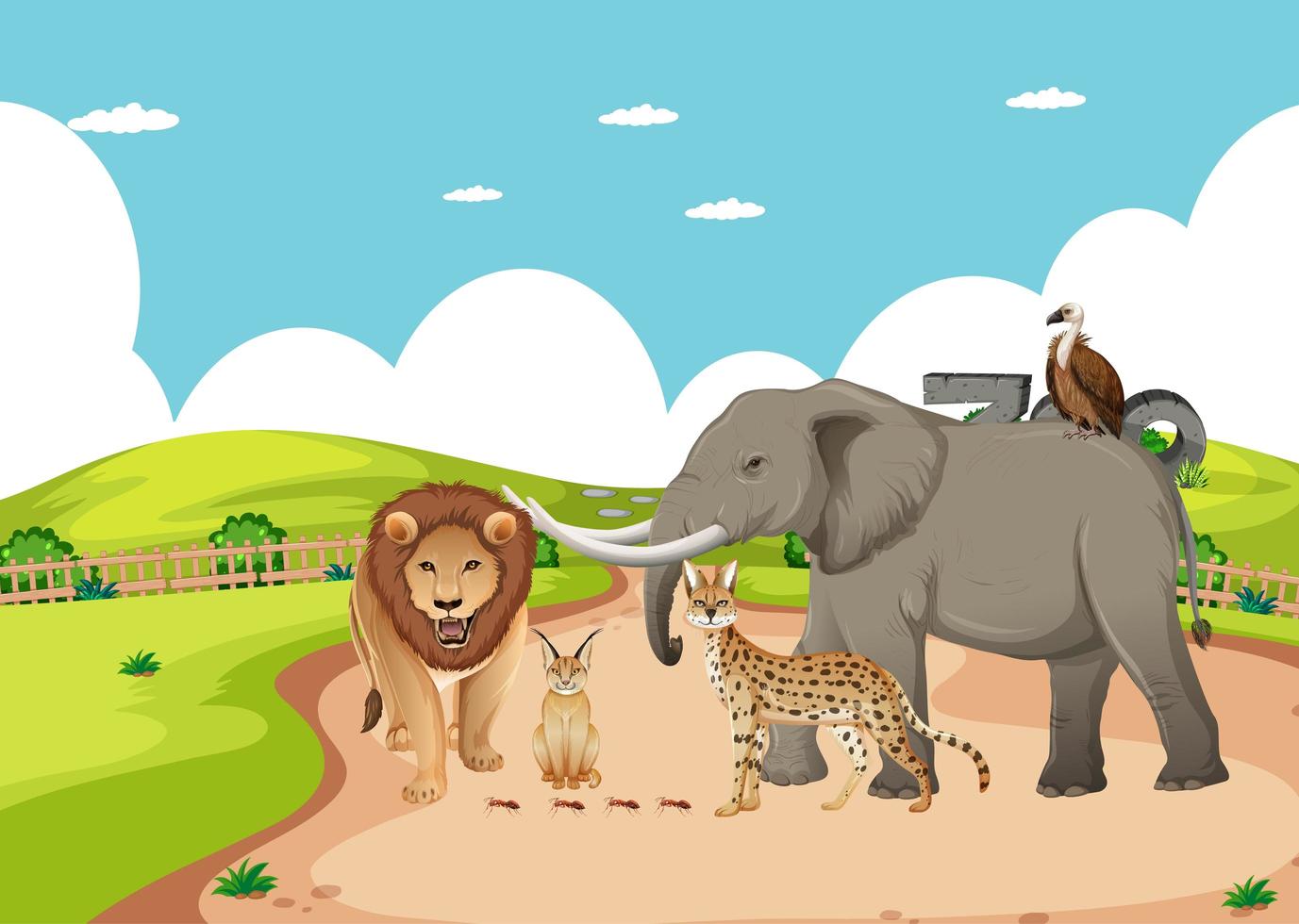 Grupo de animales salvajes africanos en la escena del zoológico vector