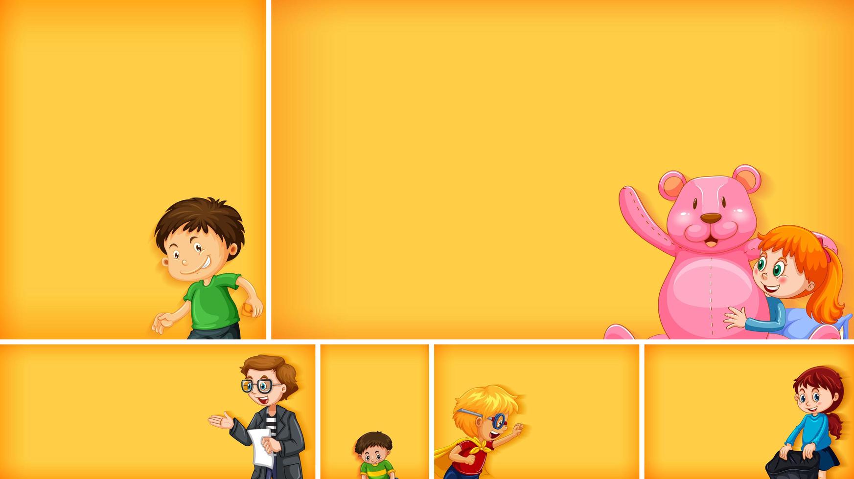 Set of different kid characters on yellow color background vector