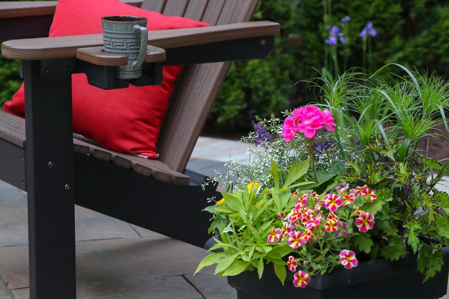 Pink and red flower plant beside brown wooden adirondack chair photo