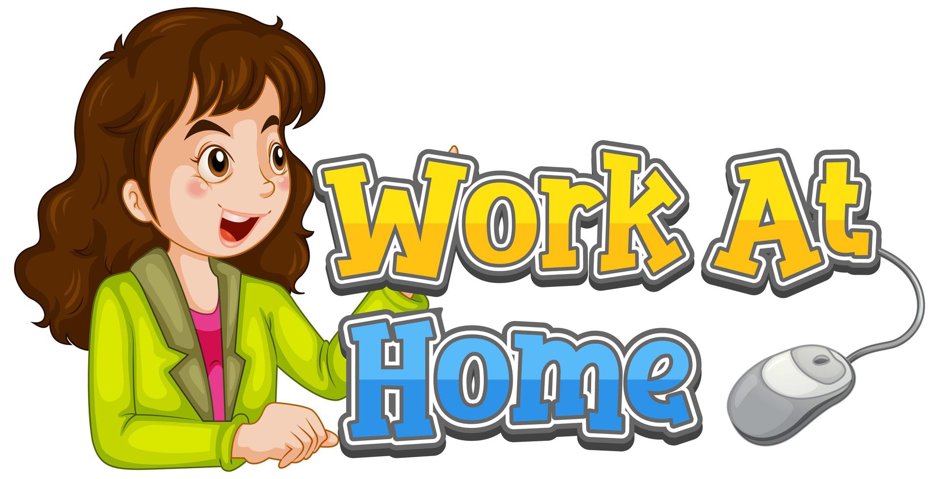 Font design for word work at home with happy woman on white background vector