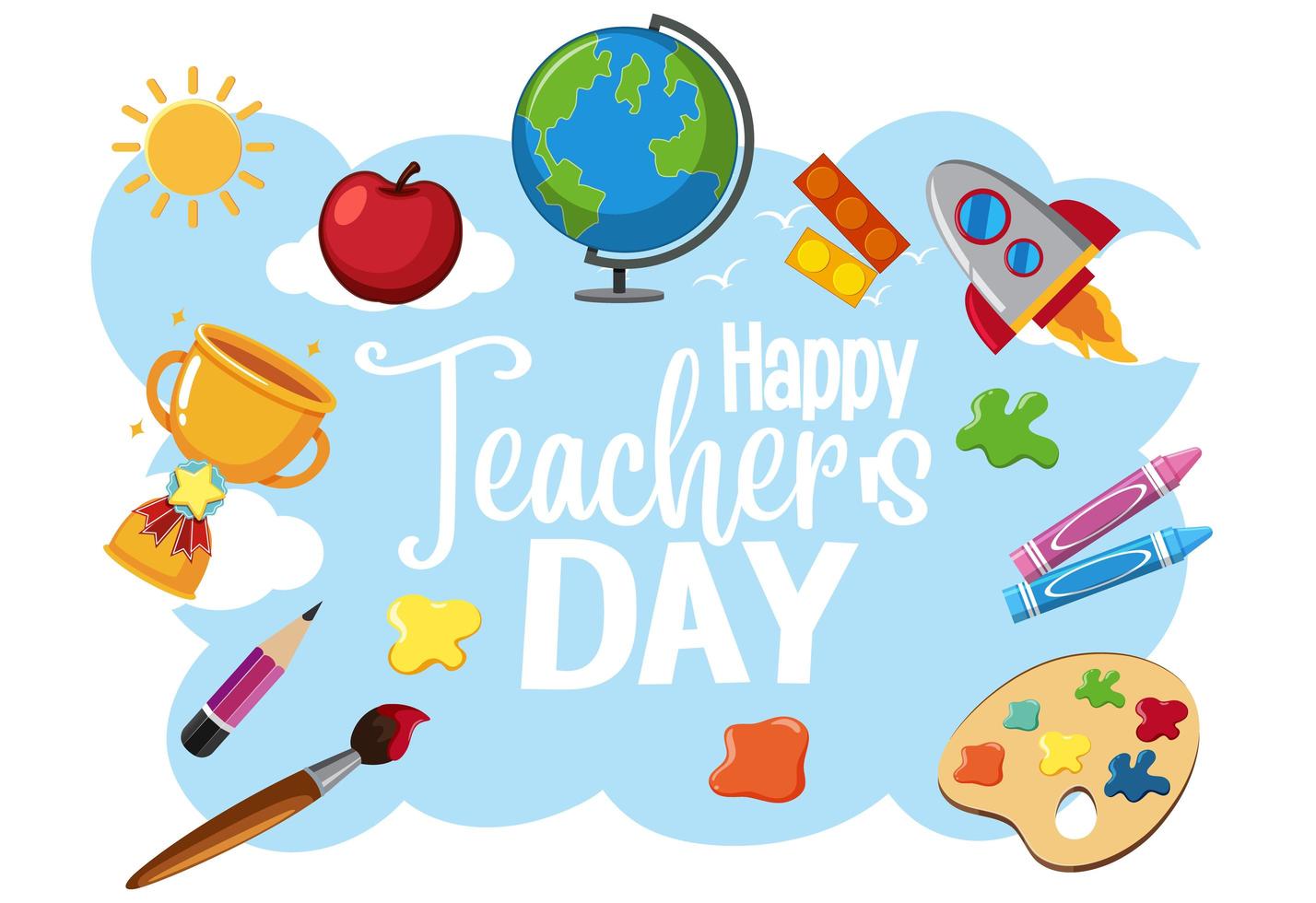 Happy World Teacher's Day logo with student items vector
