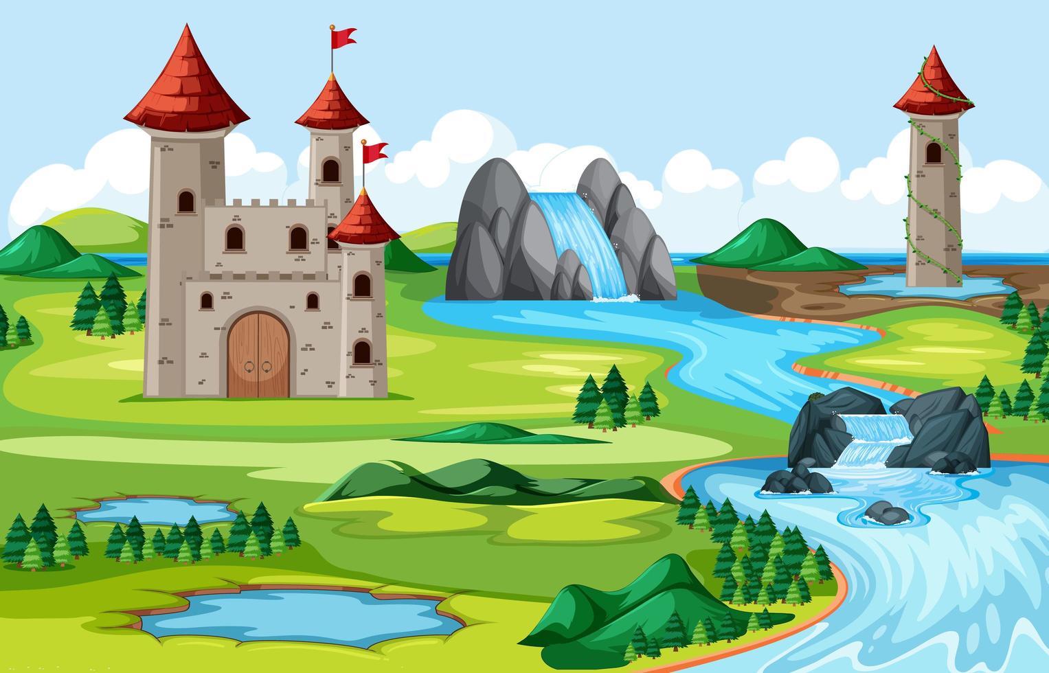 Castles and nature park with river side landscape scene vector