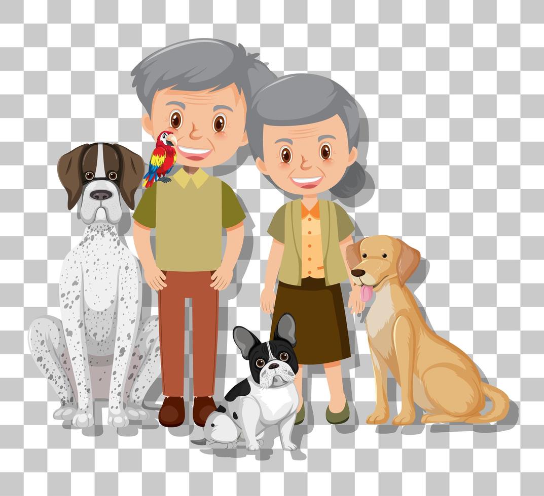 Pareja de ancianos con sus perros de compañía aislados sobre fondo transparente vector