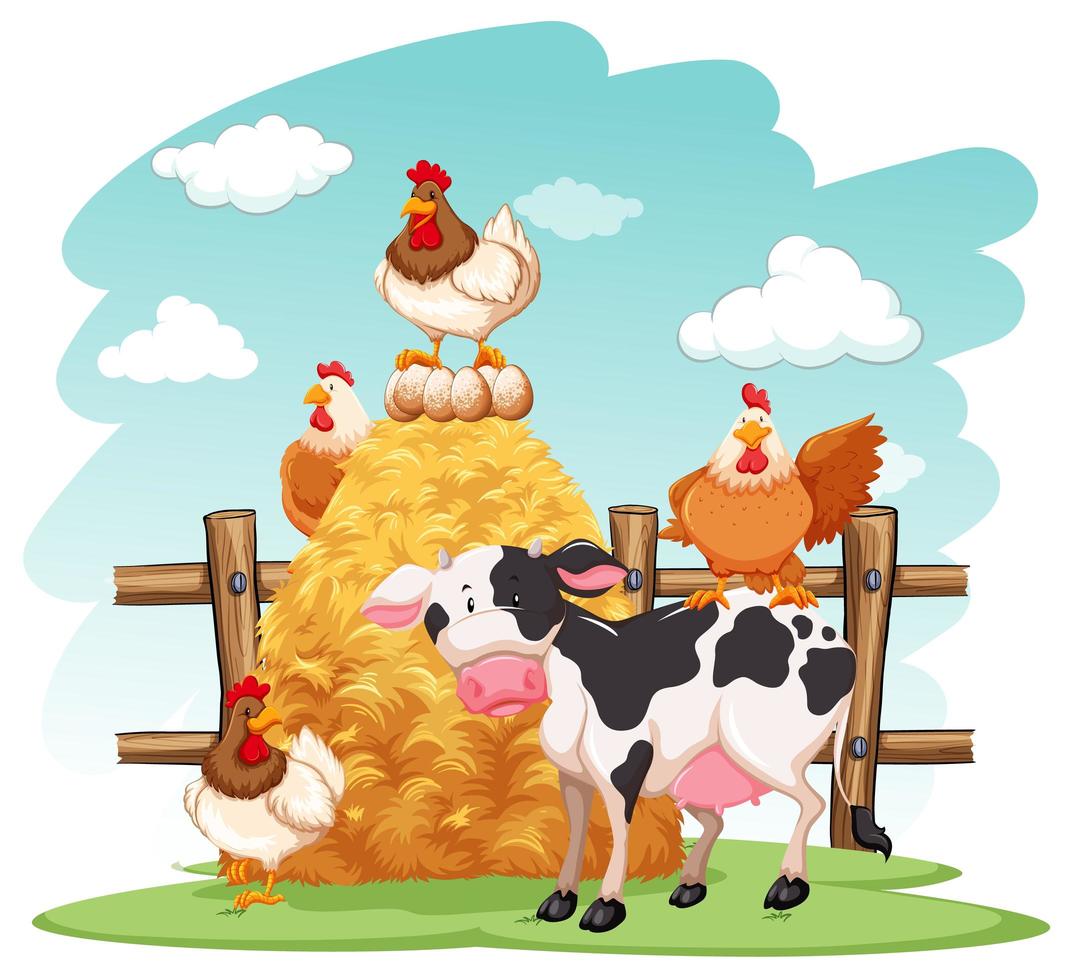 Farm scene with many animals on the farm vector