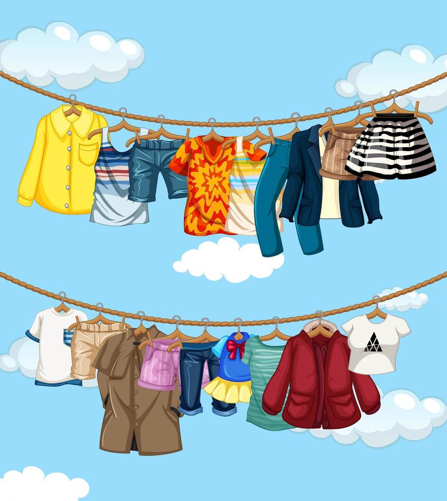 Many clothes hanging on a line on blue sky background vector