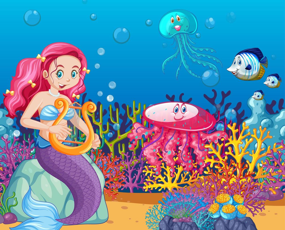 Set of sea animals and mermaid cartoon style on sea background vector