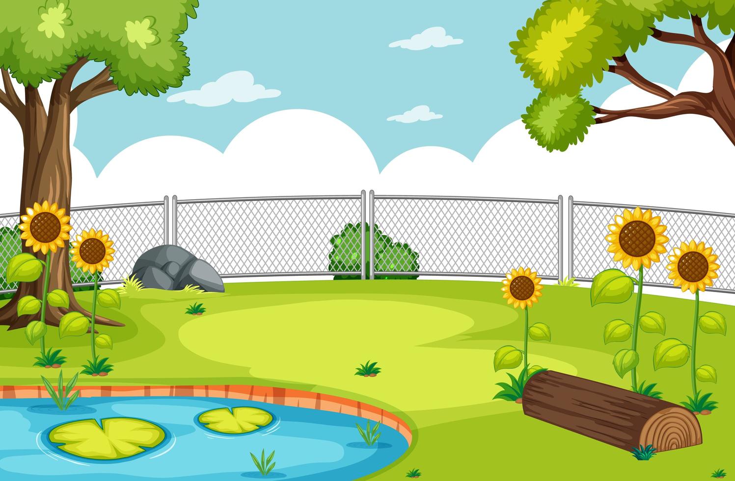 Nature park with swamp and sunflowers scene vector