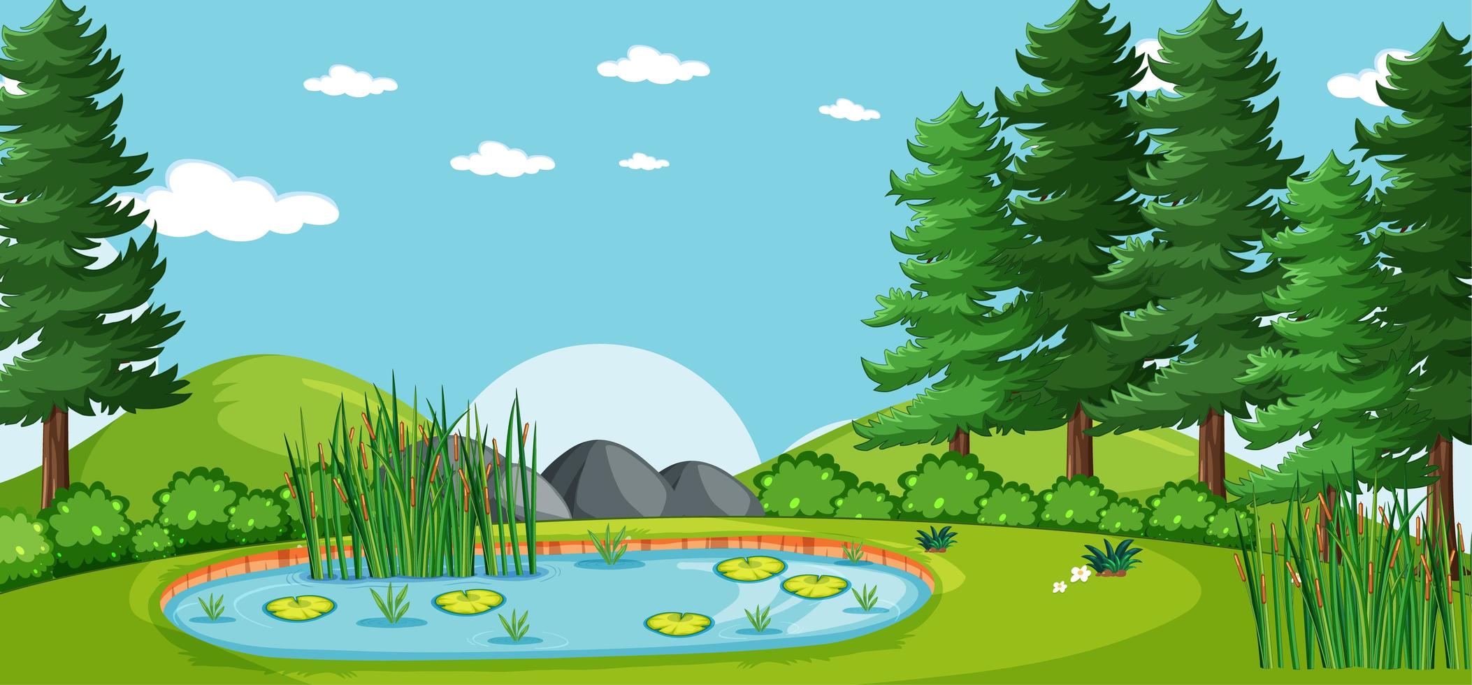 paisaje en blanco en la escena del parque natural con muchos pinos y pantanos vector