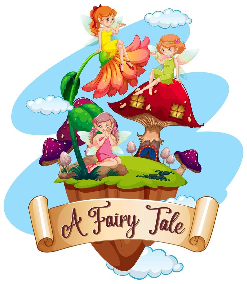 Font design for word a fairy tale with many fairies flying in garden vector