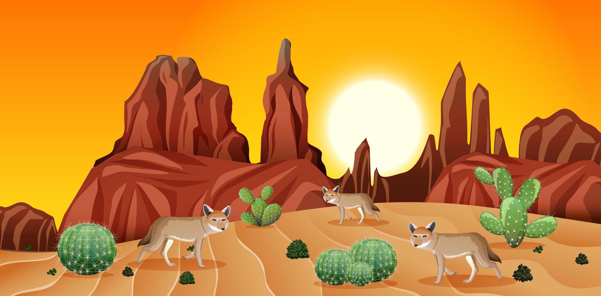 Desert with rock mountains and coyote landscape at sunset scene vector