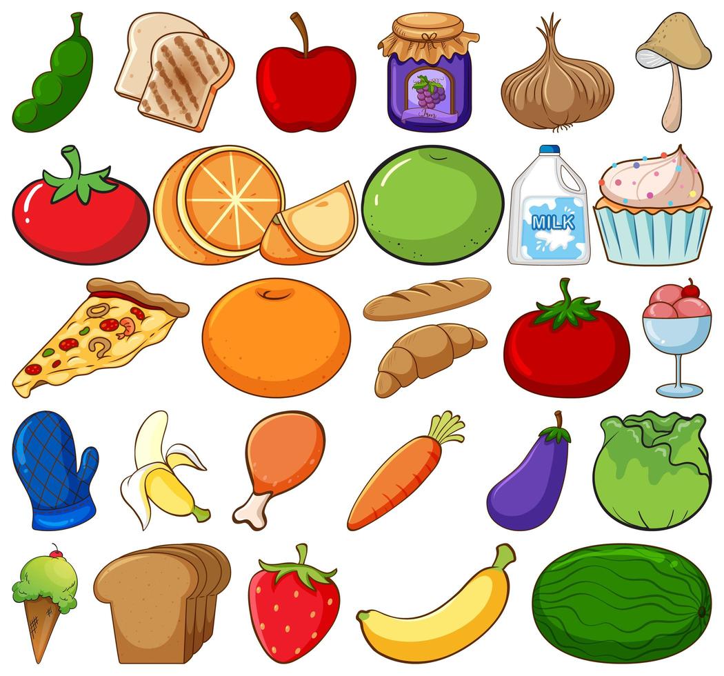 Gran conjunto de frutas y verduras sobre fondo blanco. vector