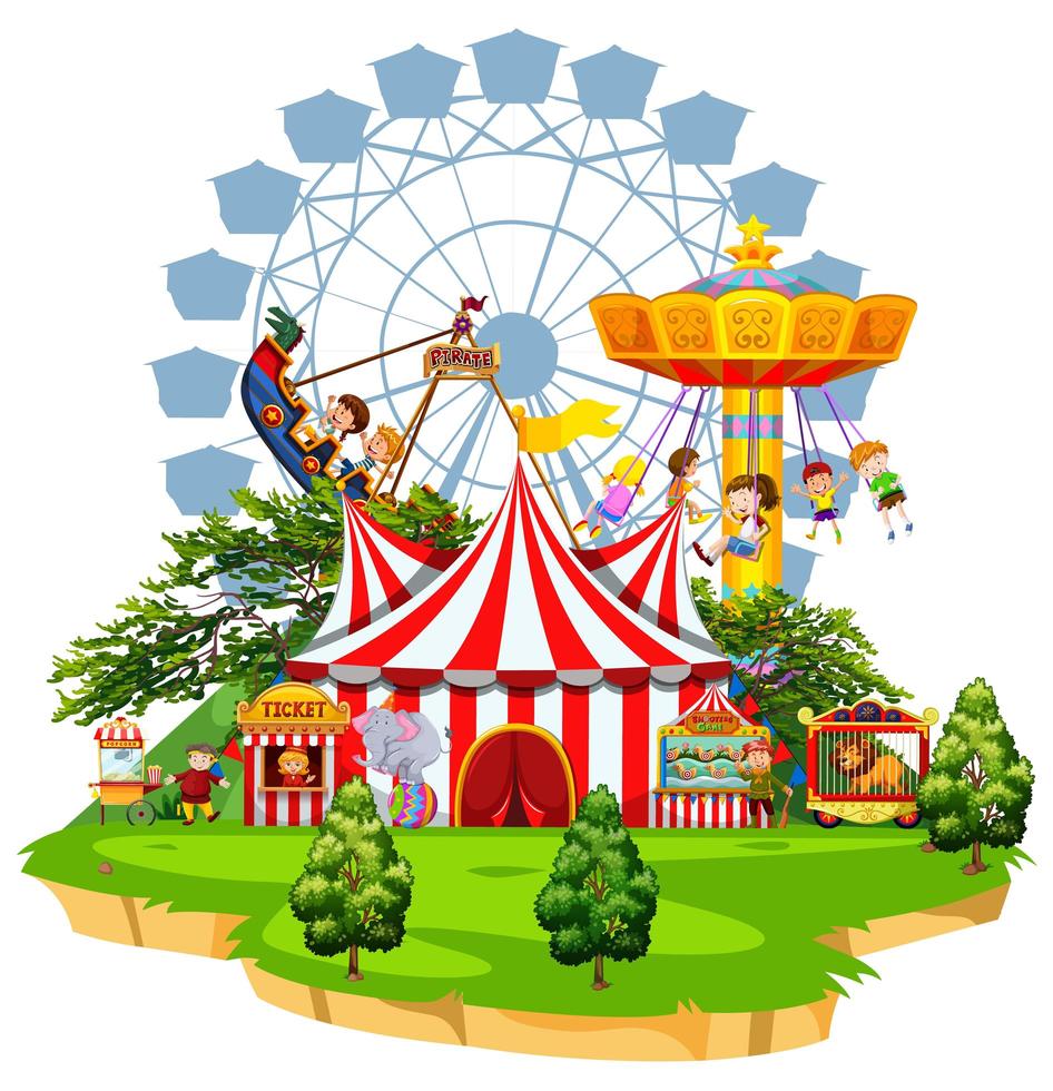 Scene with many rides in the funpark on white background vector