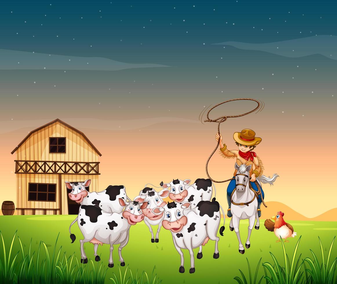 escena de la granja con granja de animales y cielo en blanco vector