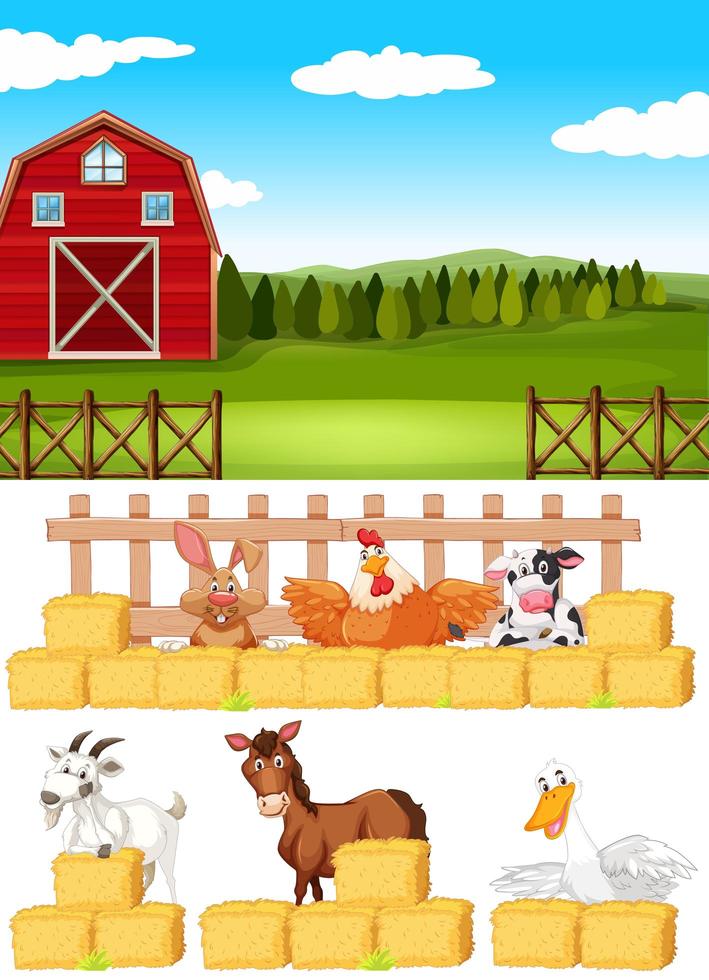 escena de la granja con animales de granja en la granja. vector