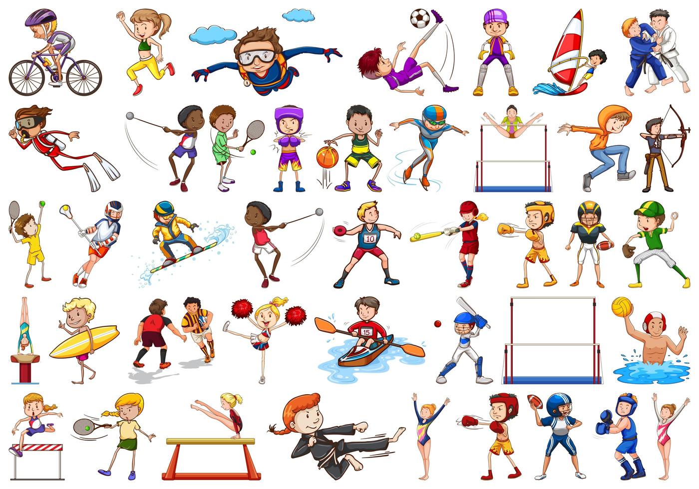 Actividades deportivas de niños, niñas, niños, atletas aislados. vector