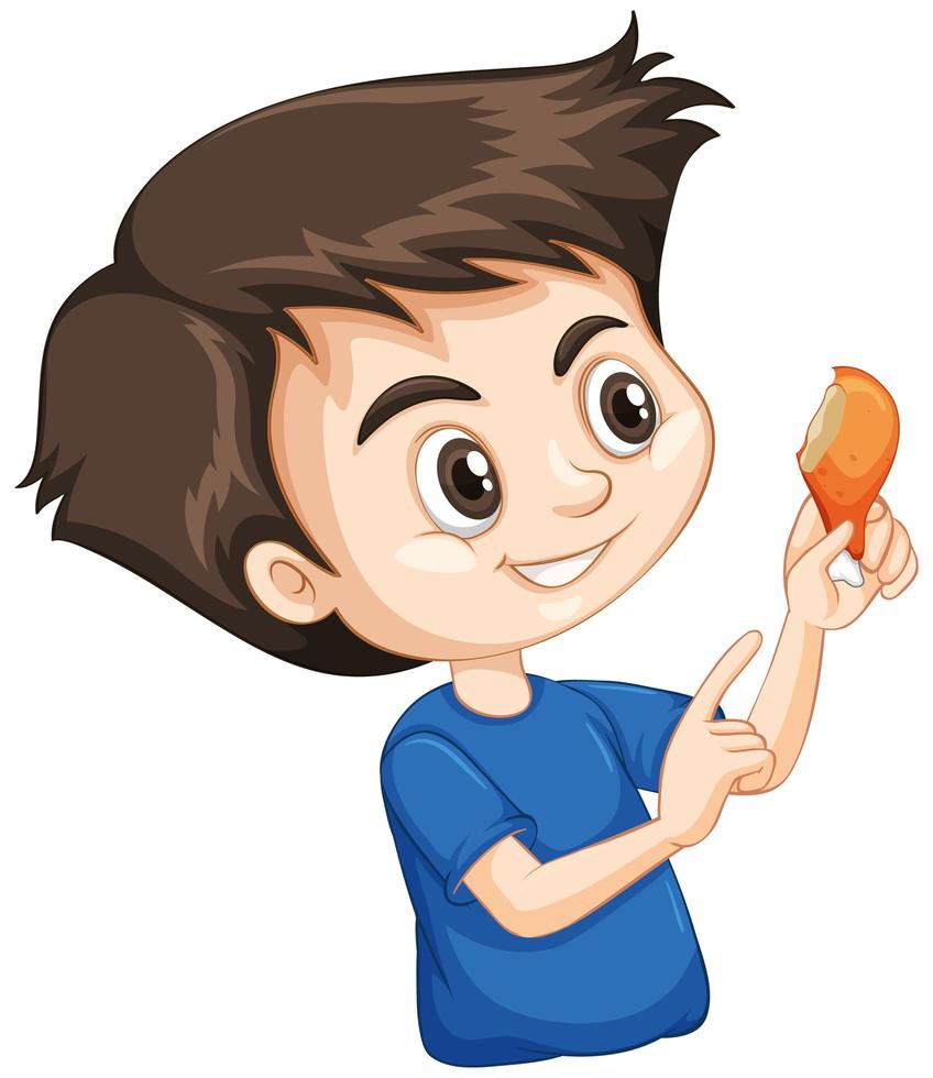 Cute boy eating fried chicken on white background vector