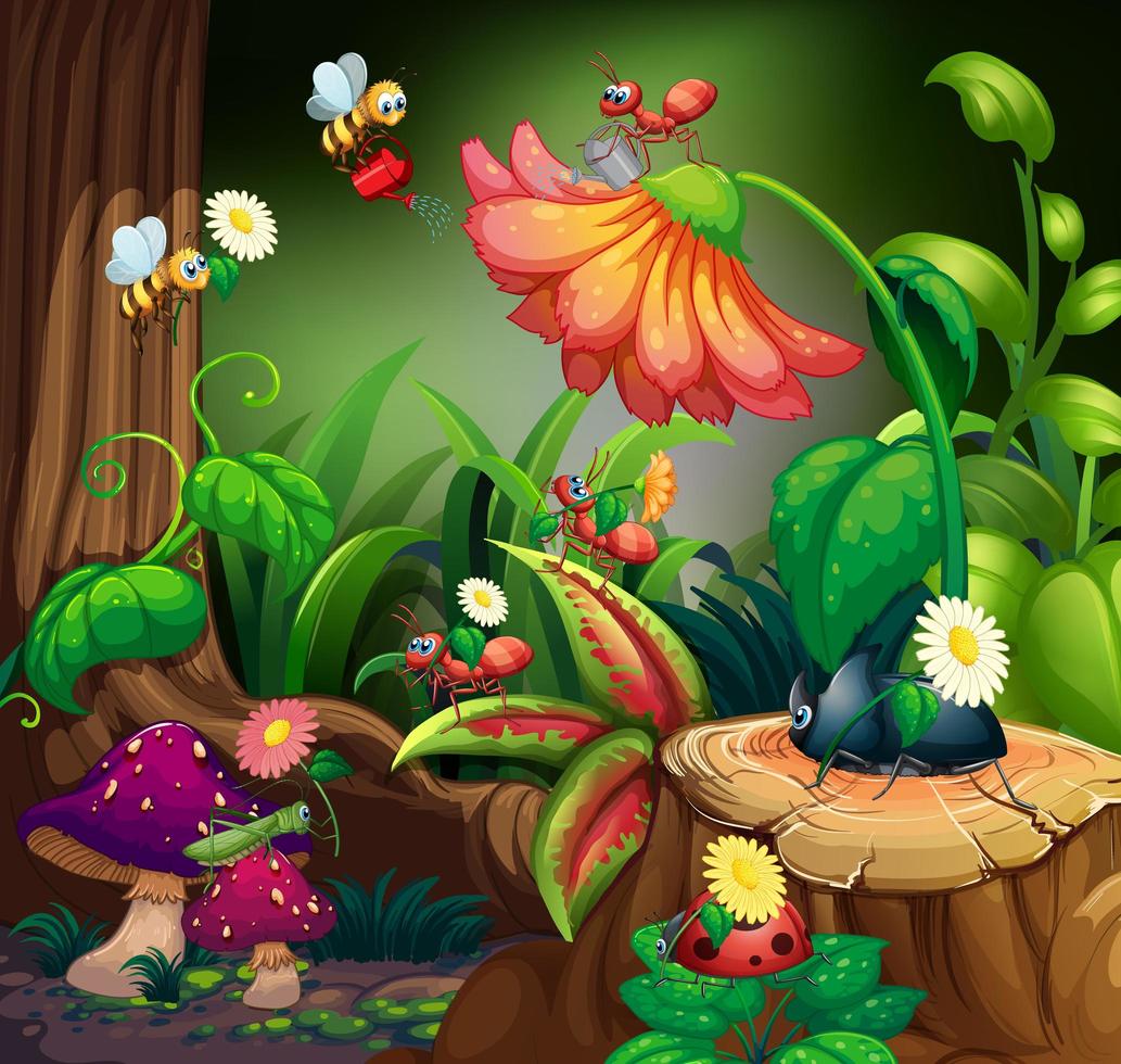 Scene with plants and insects in the garden vector
