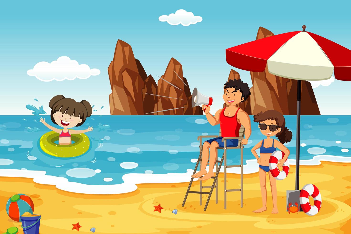 Ocean scene with people having fun on the beach vector