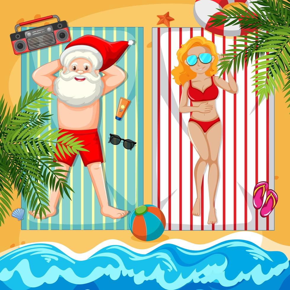 santa claus tomando el sol en la playa con bella dama vector