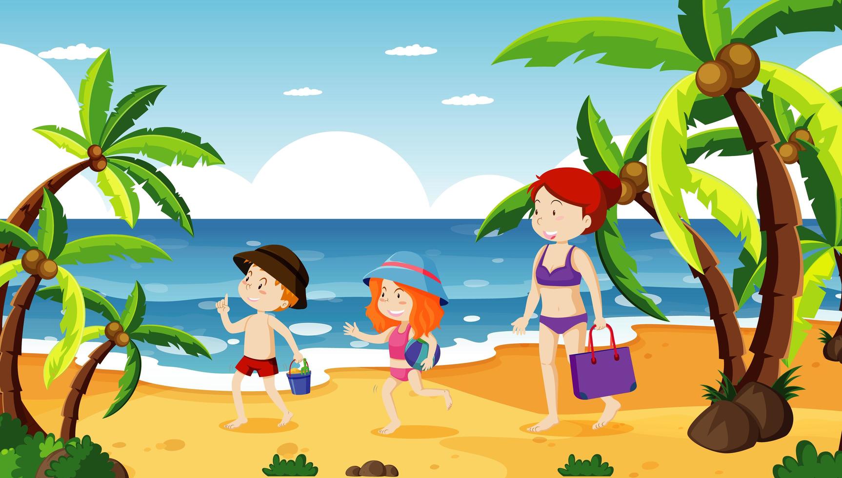 Ocean scene with people having fun on the beach vector