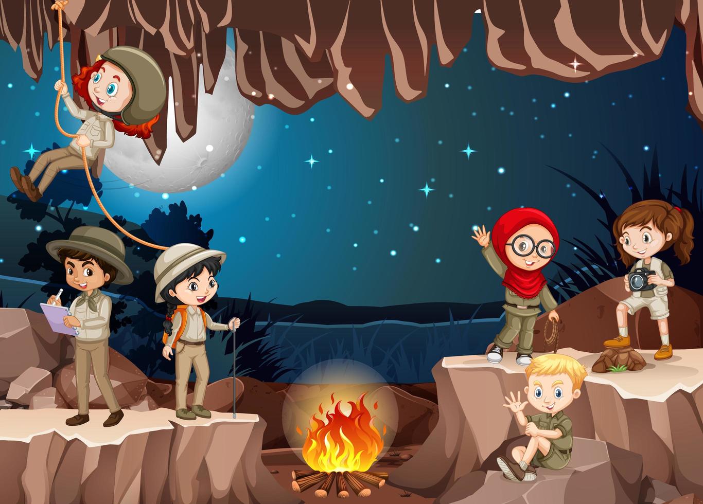 Scene with group of scouts exploring the cave vector