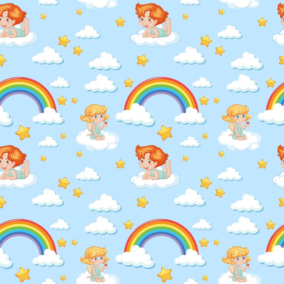 Seamless cute angel with rainbow and star pattern vector