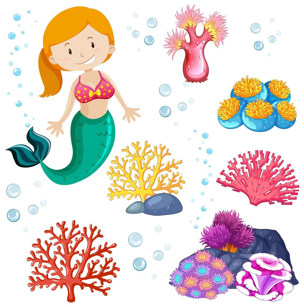 Set of cute mermaid and sea theme vector