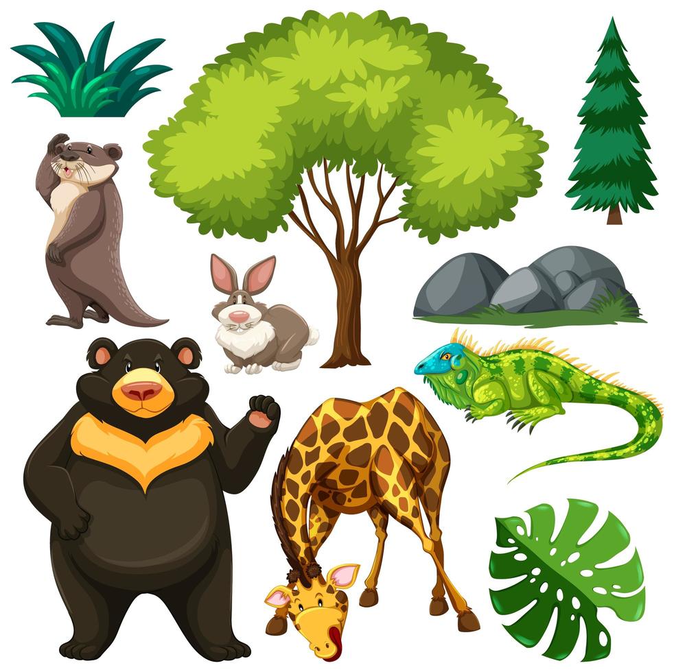 Set of cute wild animal and nature vector