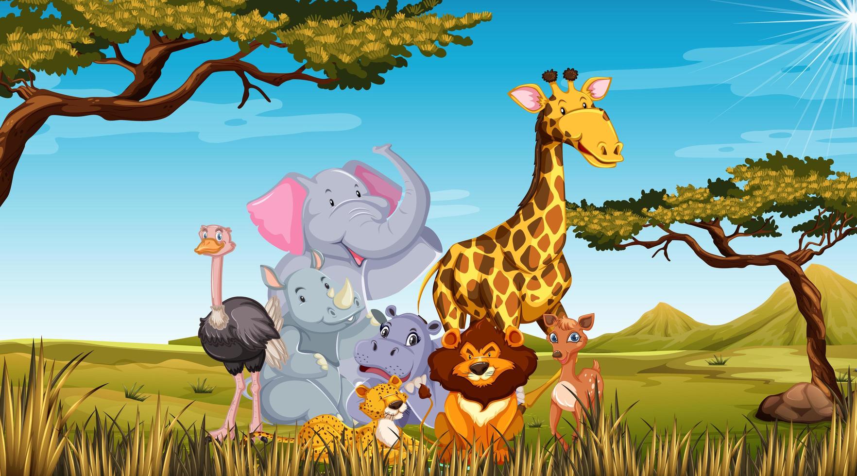 Zoo animals in the wild nature background vector