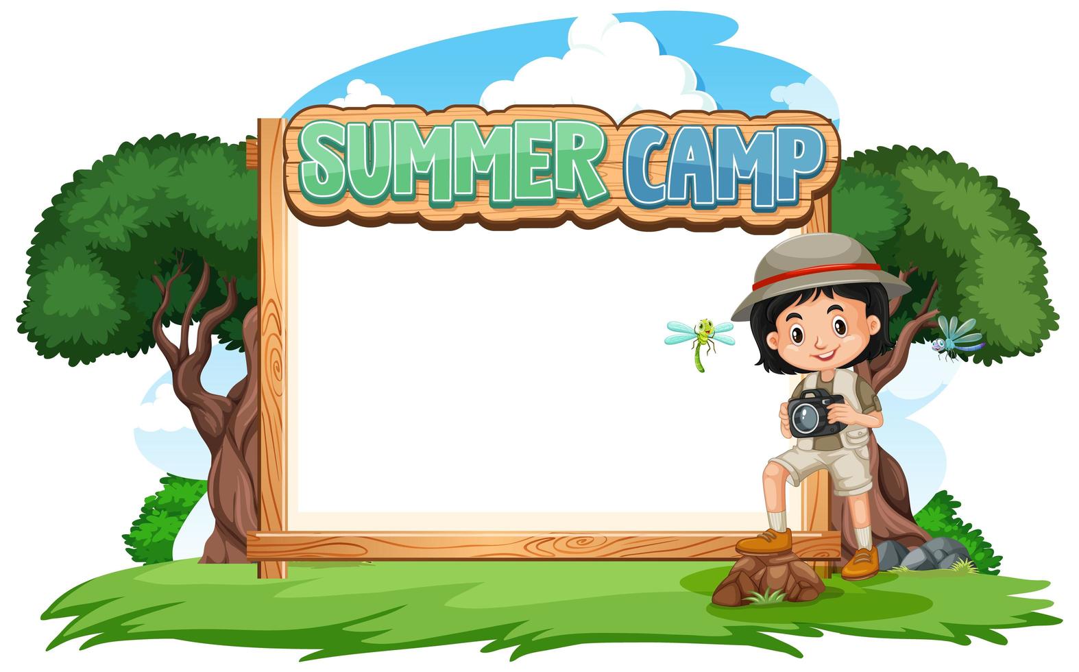 diseño de plantilla de borde con niña en el campamento de verano vector