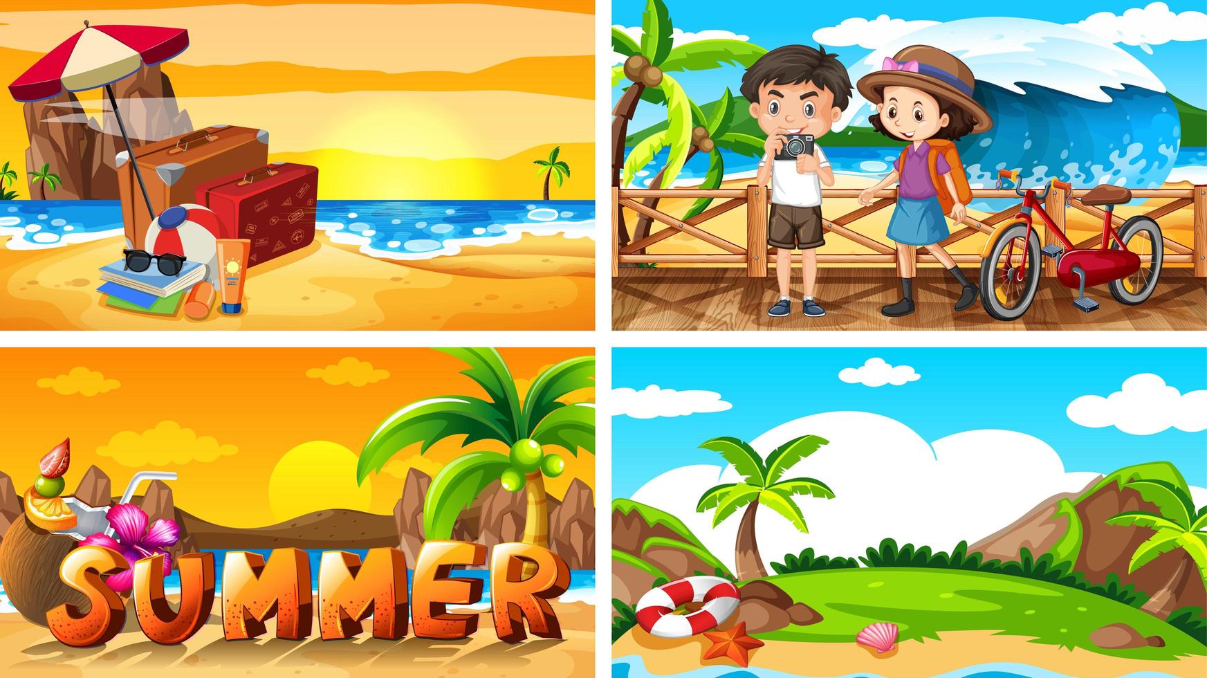 cuatro escenas de fondo con verano en la playa. vector