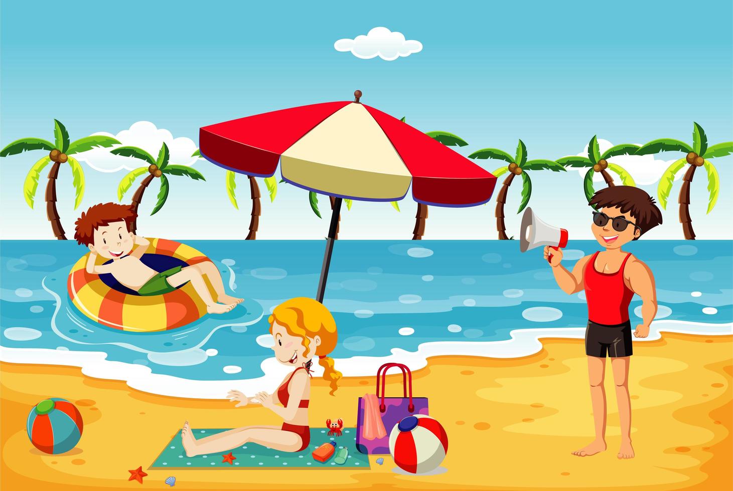 Ocean scene with people having fun on the beach vector