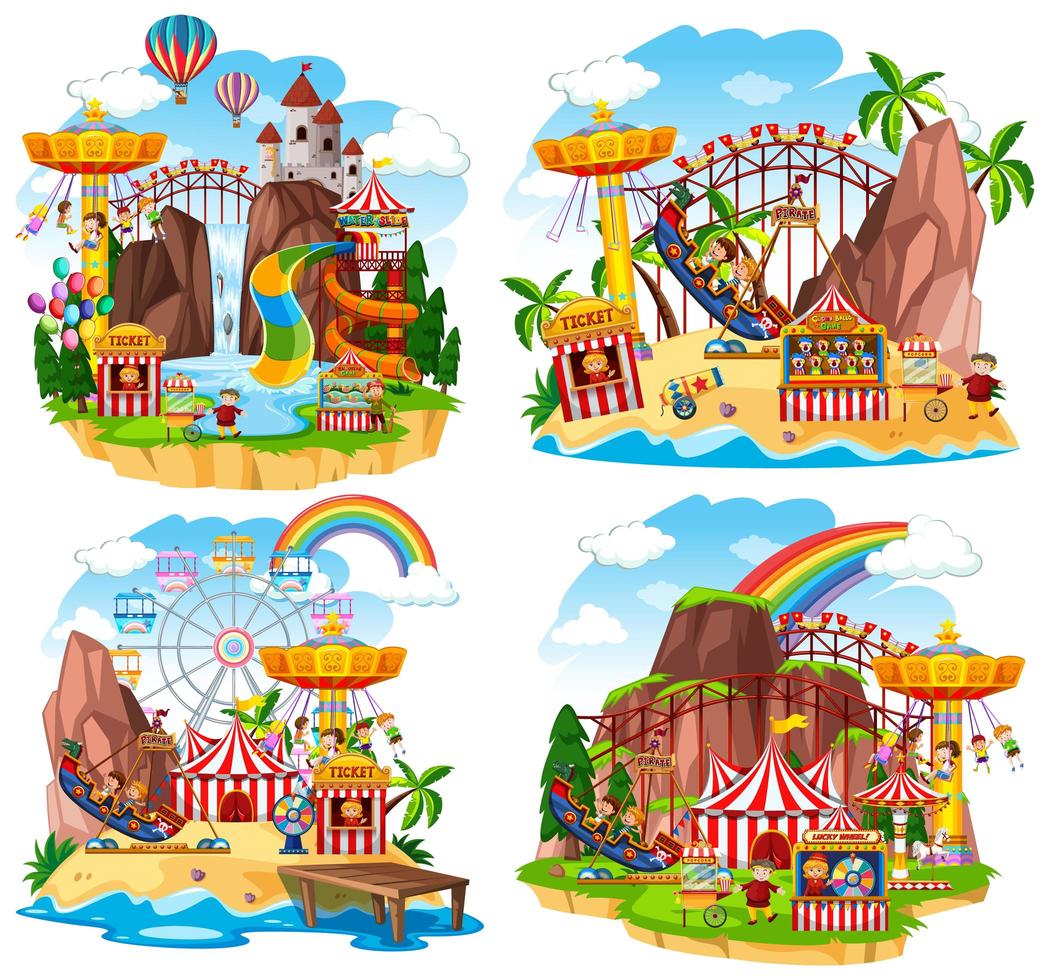 Escena del parque temático con muchas atracciones y niños felices. vector