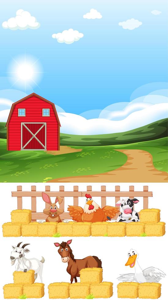 Farm scene with many animals on the farm vector