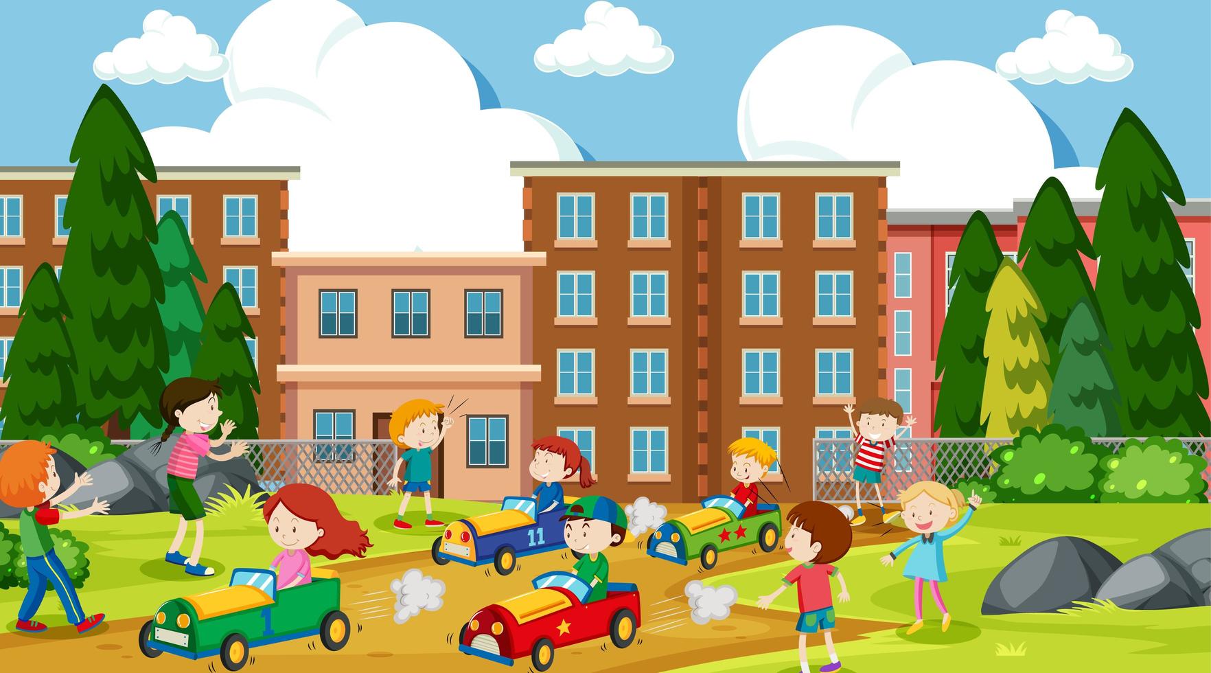 Active kids playing in outdoor scene vector