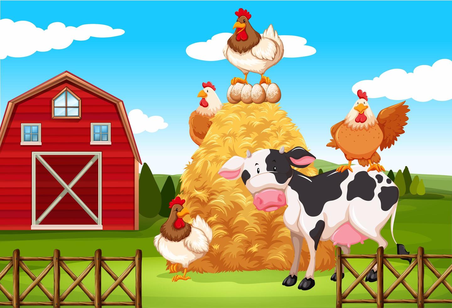 Farm scene with farm animals on the farm vector