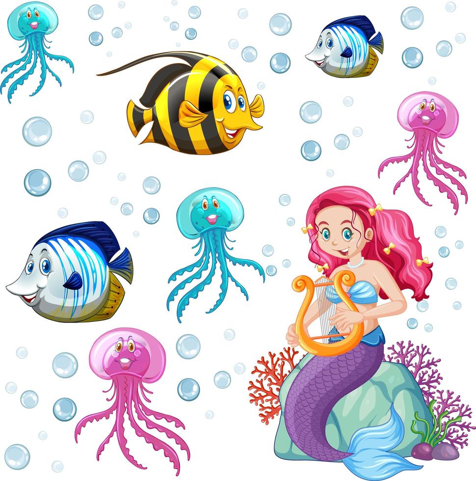 Set of sea animals and mermaid cartoon character on white background vector