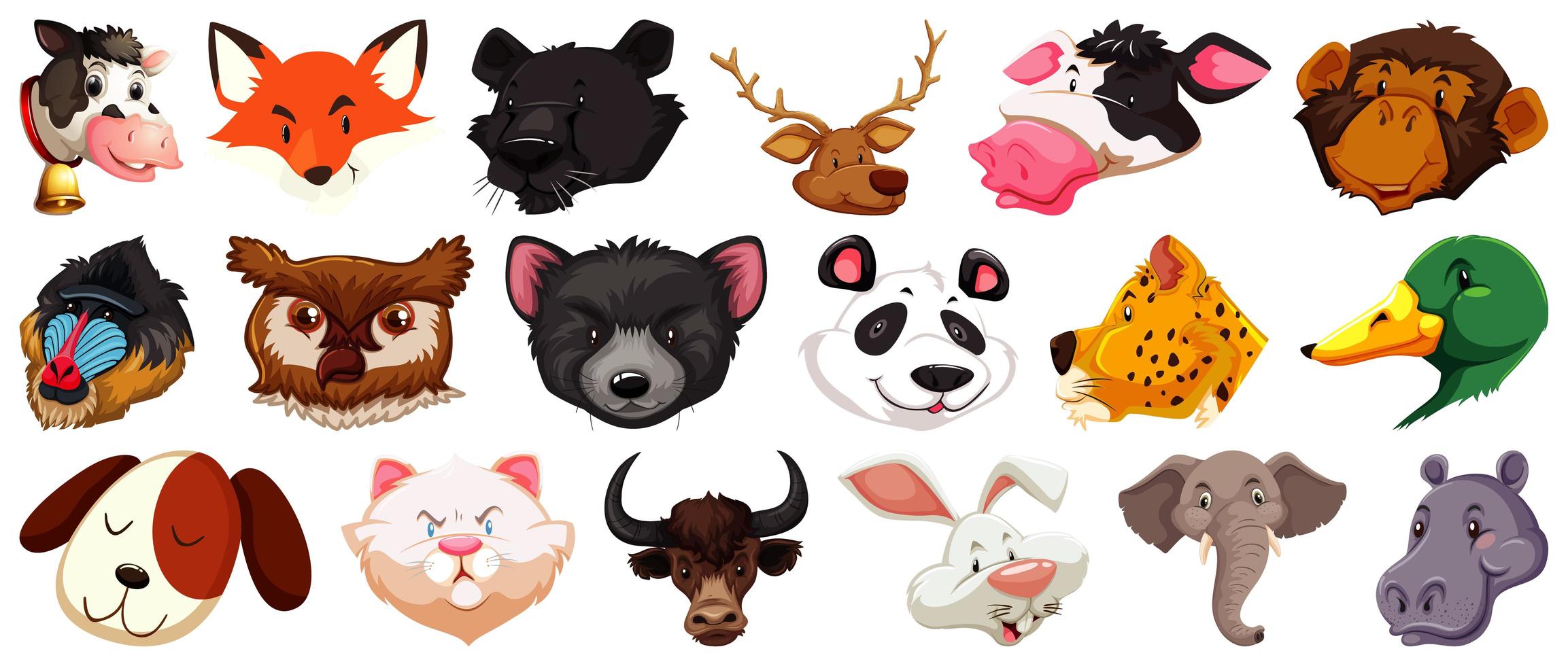 Set of different cute cartoon animals head huge isolated on white background vector