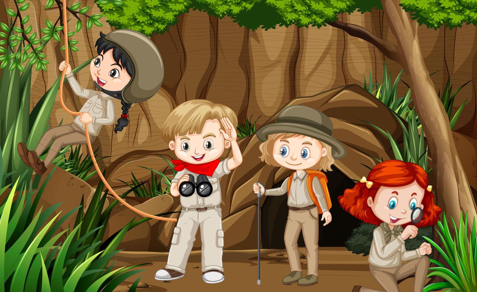 Scene with group of scouts exploring the cave vector