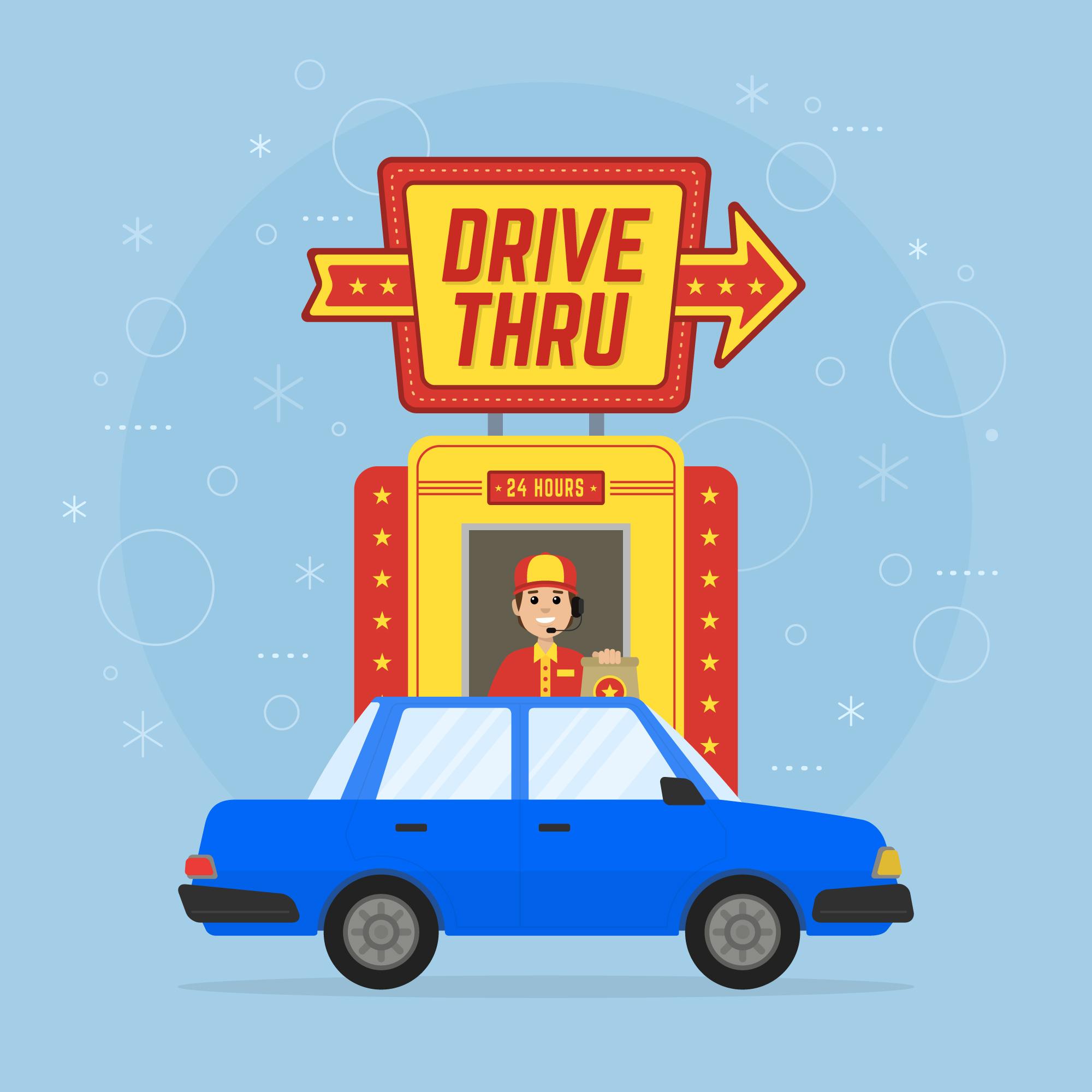 Drive thru sign with car and person Download Free Vectors, Clipart