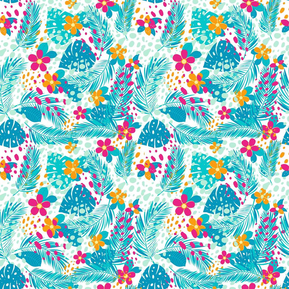 patrón tropical con hojas de palmera y flores. vector