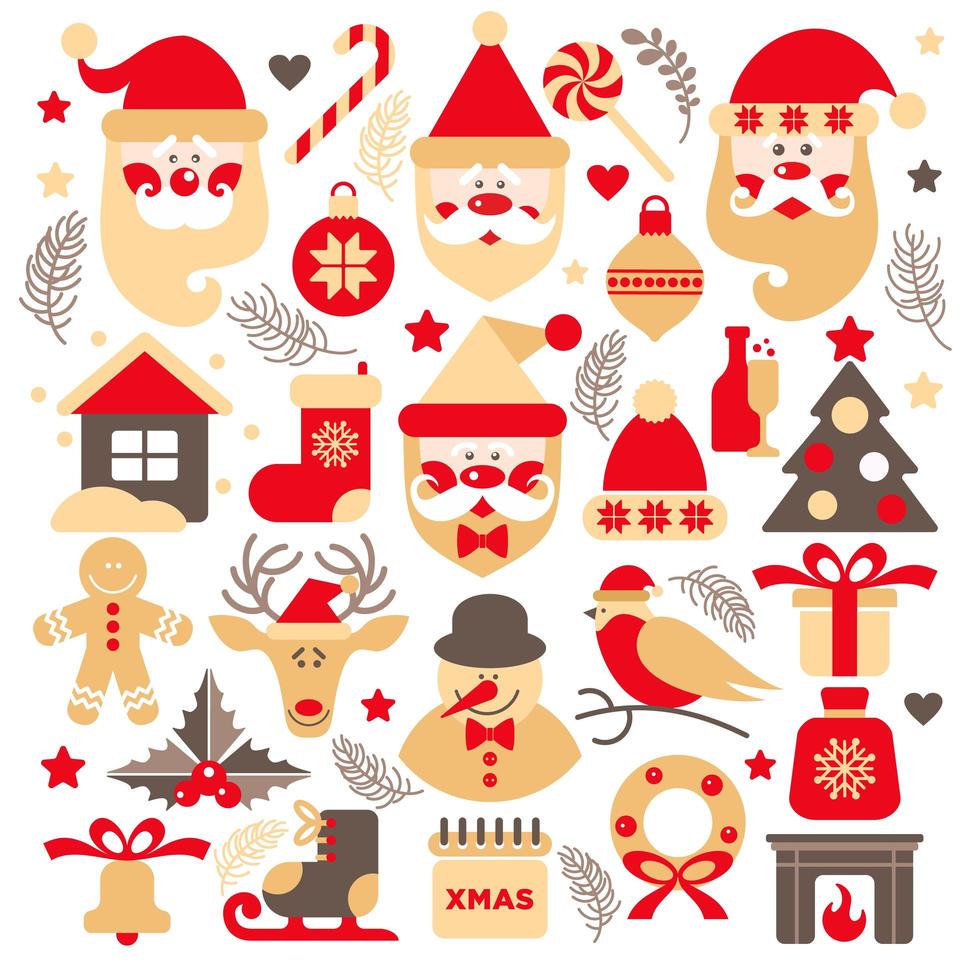 conjunto de santa claus con regalos, árbol y elementos navideños vector