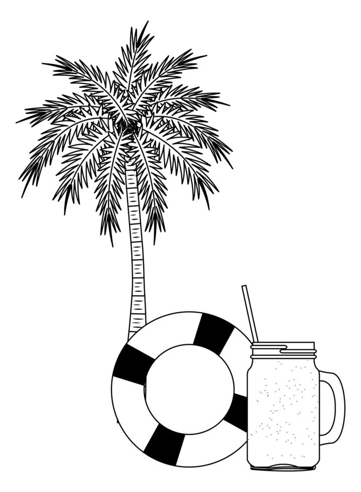 playa de verano y dibujos animados de vacaciones en blanco y negro vector