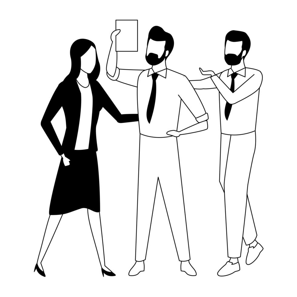 Coworkers with office supplies in black and white vector