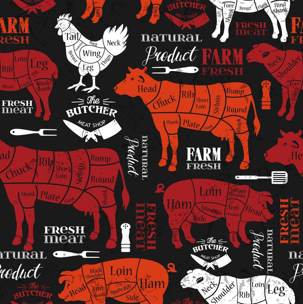 cortes de carne, diagramas para carnicería vector