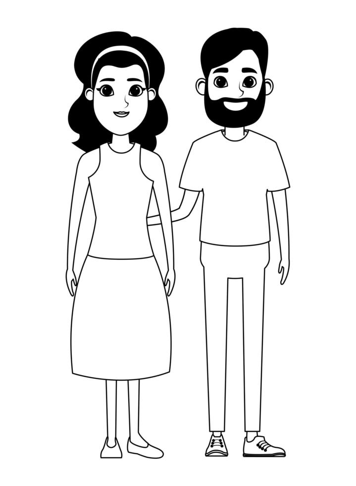 Couple cartoon character portrait in black and white vector